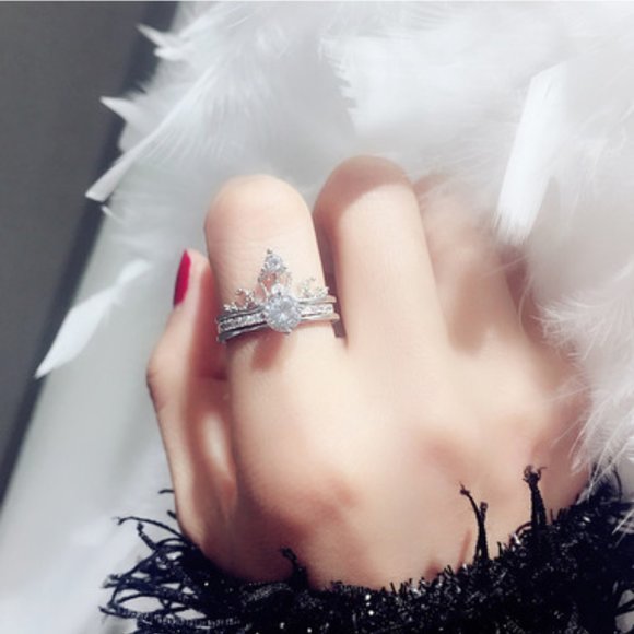 NEW 2PC 925 Silver Diamond Crown Resizable Ring - Picture 6 of 9